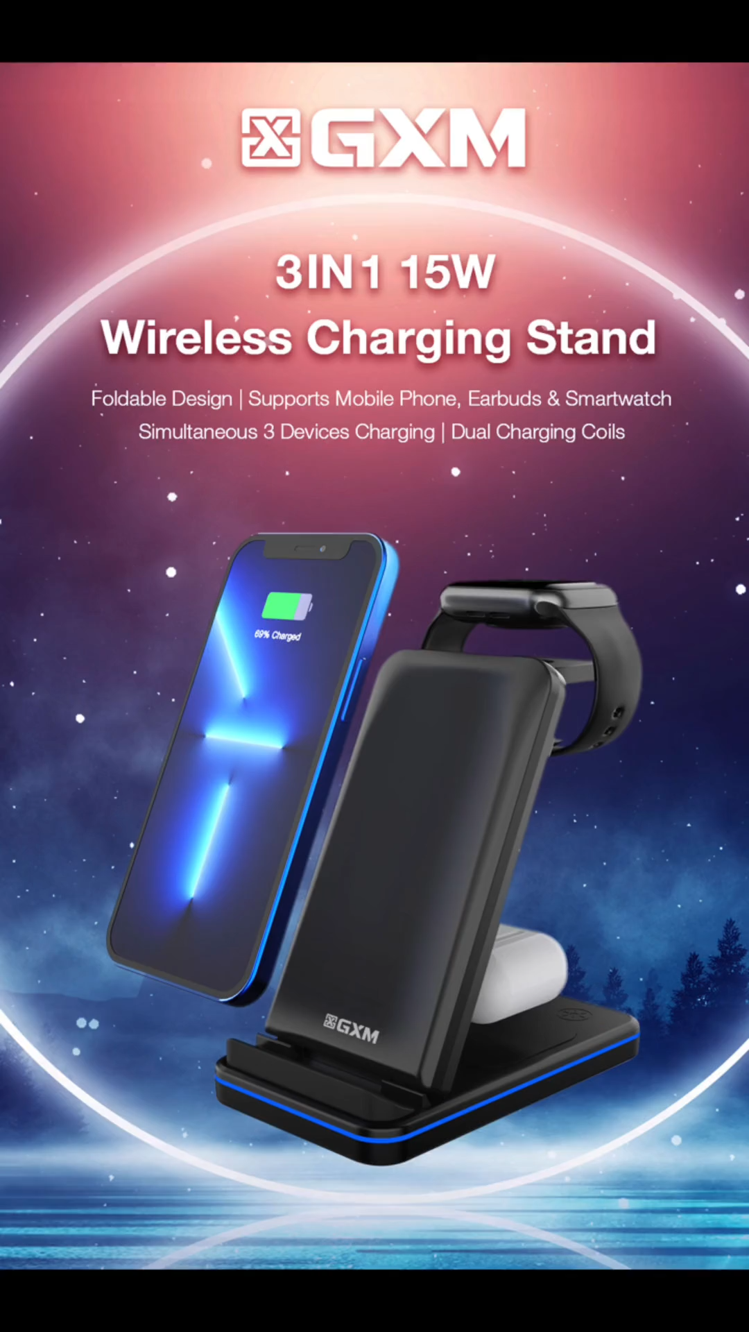 GXM 3in1 15W Wireless Charger Charging Stand Dock For iPhone 14 Pro Max 13 12 Samsung Huawei Xiaomi OPPO VIVO Apple Watch AirPods Charger WC-1502 Foldable Design Fast Wireless Charging Dual Charging C