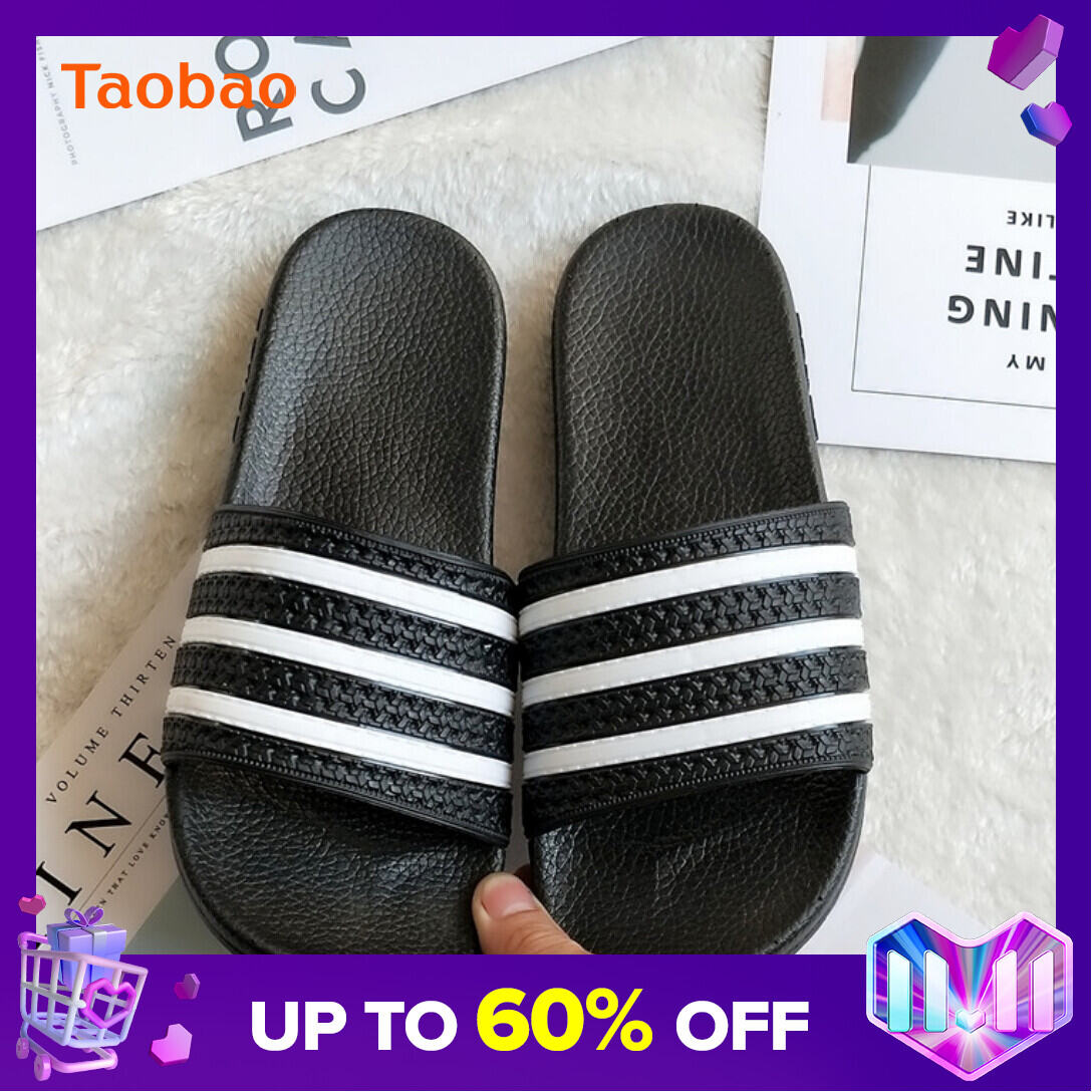 New Korean Style Summer Men's and Women's Indoor Non-Slip Blowing Couple's Three Bars Black Slippers Striped Soft Bottom Sandals