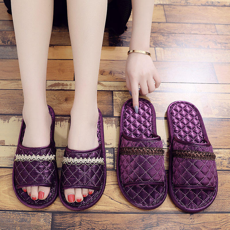 New European-Style Satin Fabric Cloth Bottom Non-Slip Particle Slippers Floor Mute Home Indoor Couple Spring and Summer Four Seasons