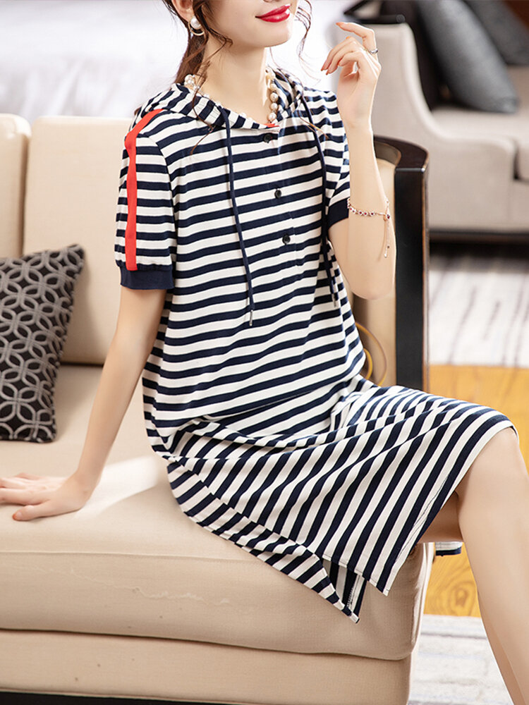 September Momo 2022 Summer New Short Sleeve High-Grade Slimming Hooded Dress Polo Collar Striped Dress for Women