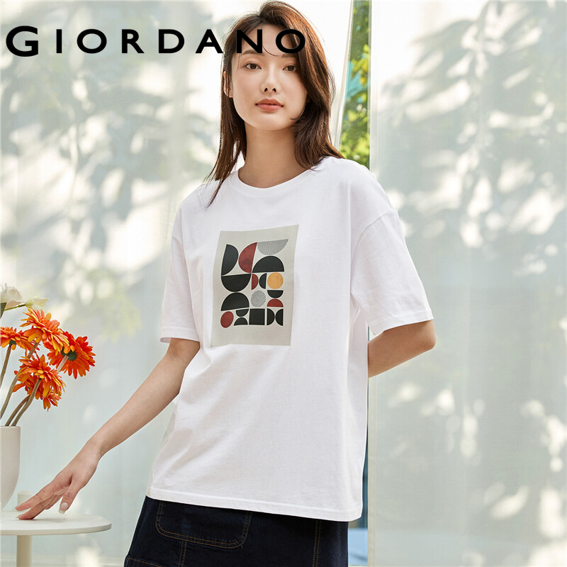 GIORDANO HuaXianSheng Series Women T-Shirts Short Sleeves Summer Crewneck T-Shirts 100% Cotton Printed Basic T-Shirts 99391186