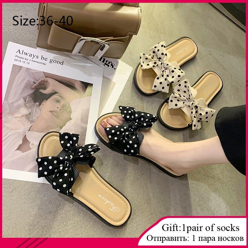 Slippers Women Flat Heels Price Women's Polka Dot Bow Slippers Sweet Casual Outdoor Shoes Sandals Ladies 2021 New Summer Wholesales