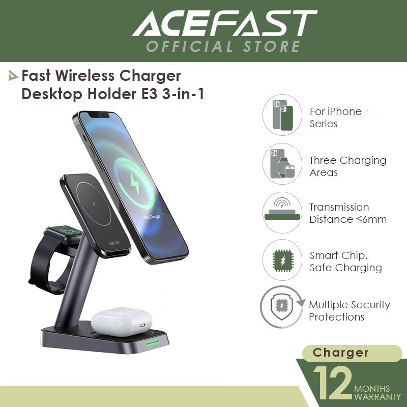 ACEFAST E3 Desktop Three-In-One 3-in-1 Wireless Fast Charging Stand, Black