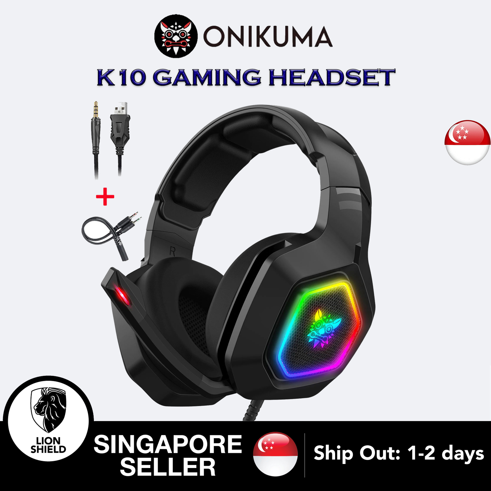 [SG] ONIKUMA K10 Wired Gaming Headset Surround Sound Earphone With Microphone and RGB LED Lighting Headphones for Computer PC XBOX PS4