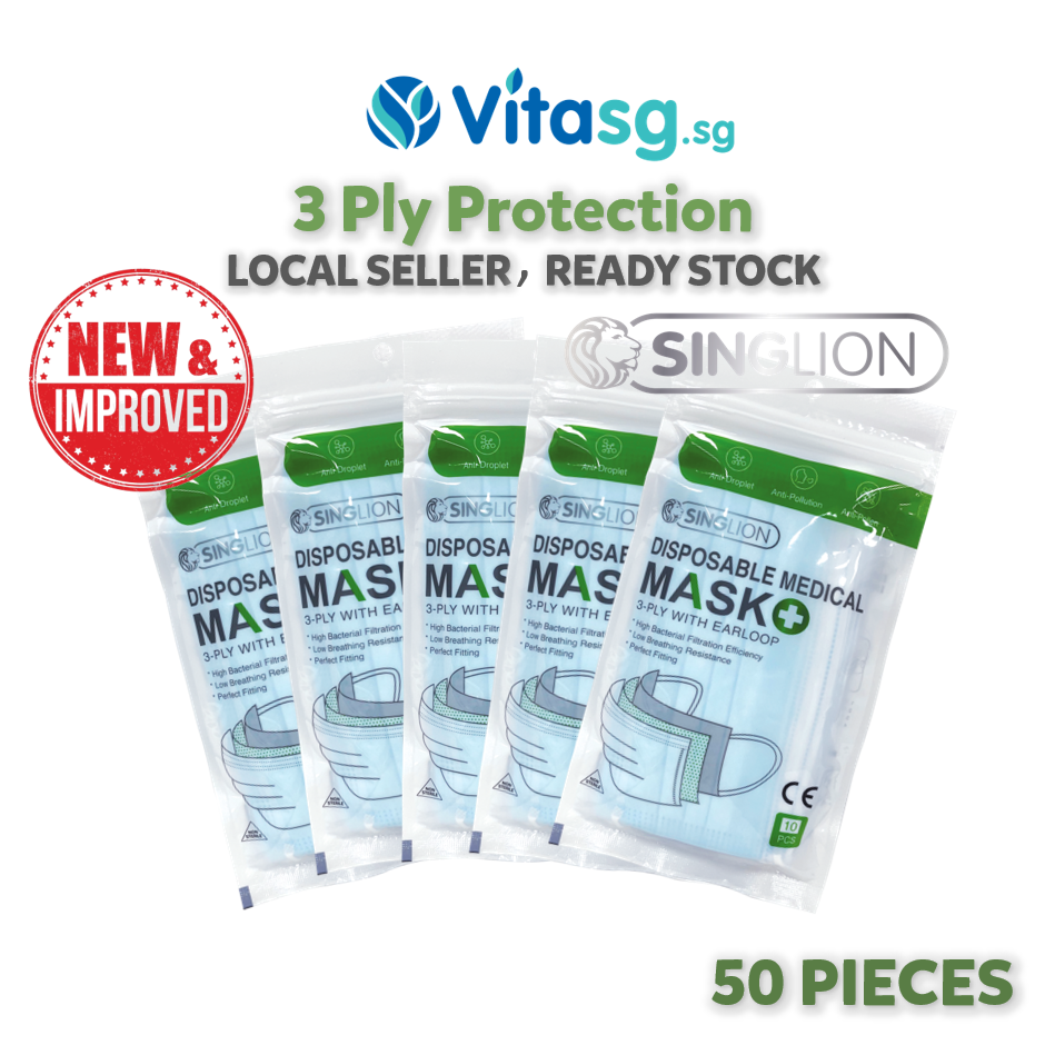 [Local Restock] Singlion 3 ply Disposable Surgical/Medical Face Mask Singlion Medical Mask (3-Ply With Earloop) - Disposable, Adaptable Nose Bar, High Filtration