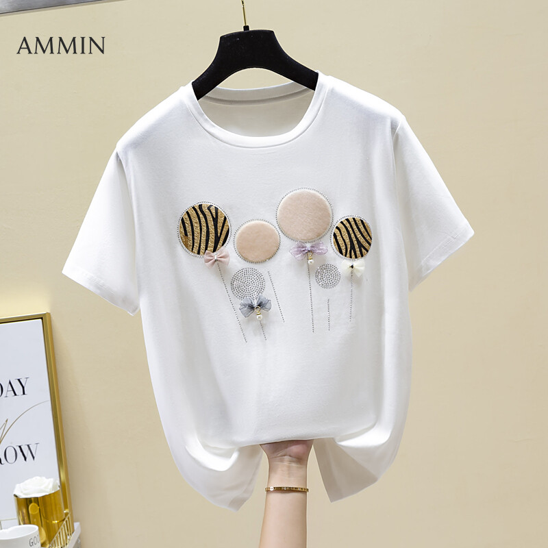 AMMIN Tops 2021 summer new style loose patch hot drilling pure cotton blouse women's simple fashion round neck cotton short sleeve T-shirt