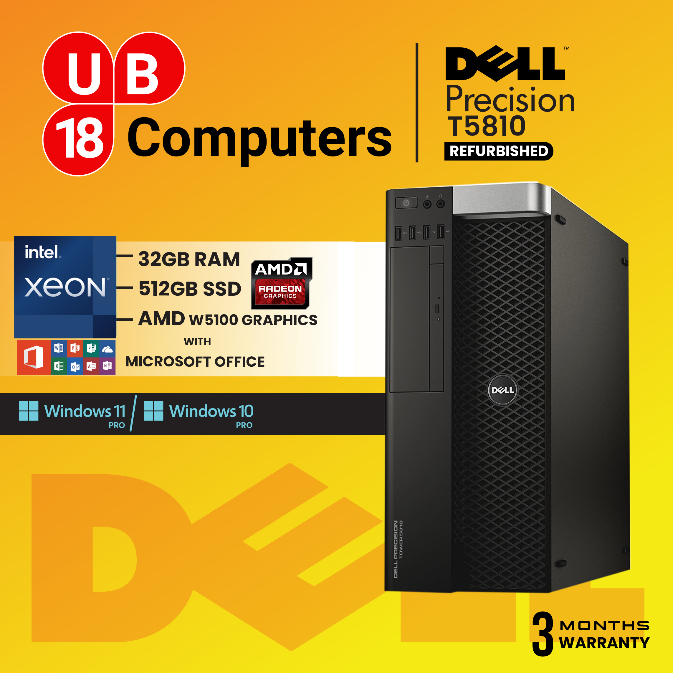 Dell Precision T5810 Tower Workstation 1x8-Core Intel Xeon E5-2640 v3 2.60GHz 32GB DDR4 New 512GB SSD AMD W5100 Graphic Win10, Ms office