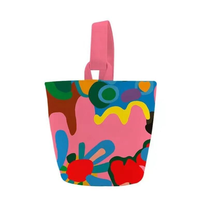 Women canvas Cotton Bucket Shaped Shoulder Bag Magnetic Buckle Tote Female Animal Cartoon Pattern Hand Carry Canvas Bags