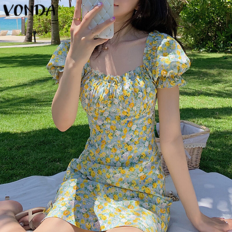 MASHYCHIC VONDA Womens Summer Short Sleeve Casual Pleated Dress Printed Floral Sundress (Korean Floral)