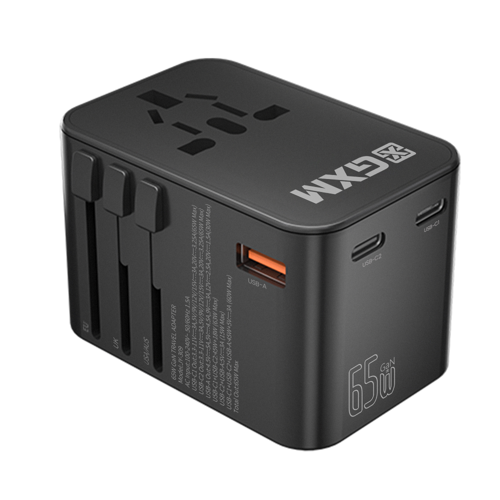 GXM 65W Travel Adapter GaN Wall Charger Fast Charge PD QC Type C USB C EU US UK AU Plug Socket Over 150 Countries Universal Travel Power Charger