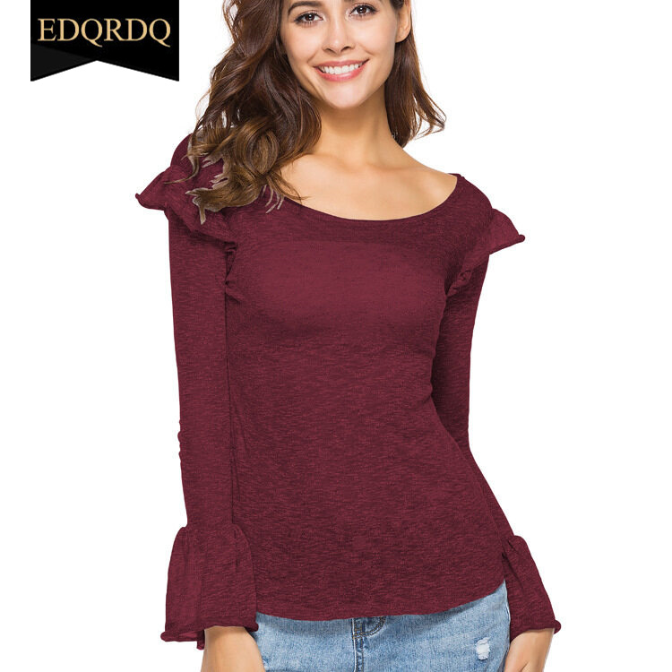 EDQRDQ Women Casual O-Neck Long Sleeve Bell Sleeve Cotton Blouse  Thin Sun Protetion Solid  Color Top