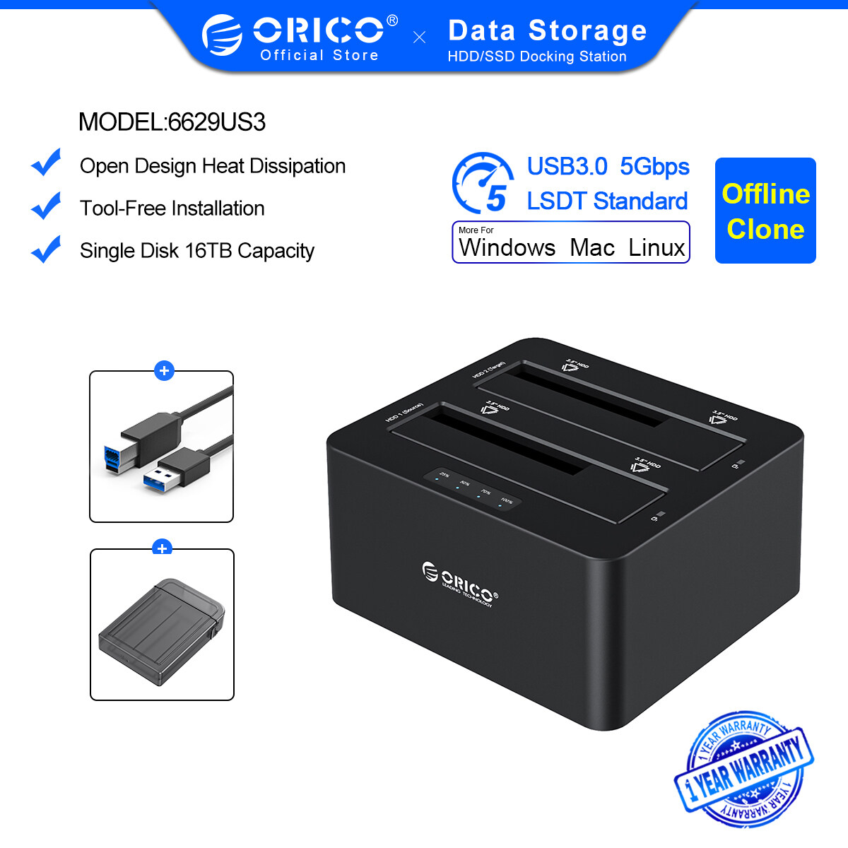 ORICO Clone 2.5 3.5 inch Hard Drive Docking Station 2 Bay USB3.0 to SATA HDD Case Support UASP 16TB HDD Enclosure Black(6629US3-C-V1)
