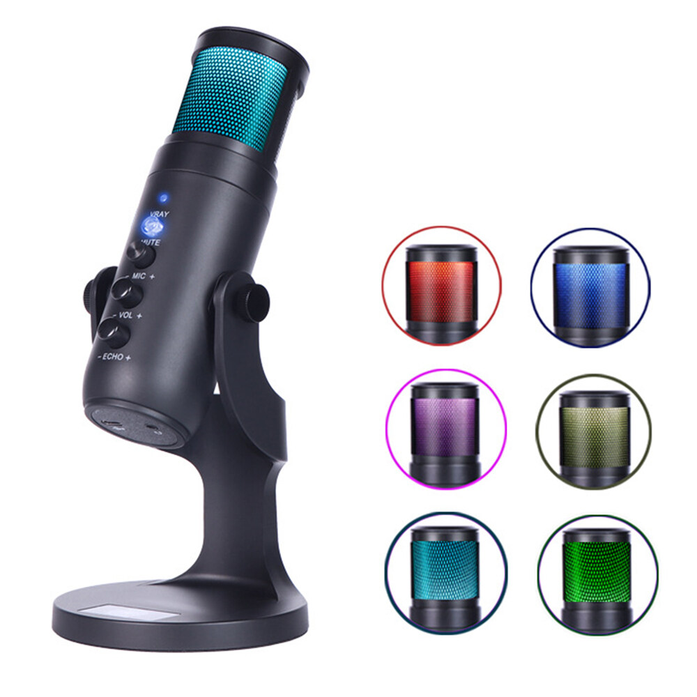 USB Condenser Microphone Tabletop Desktop RGB Microphone with Stand Computer PC Plug & Play Microphone with Colorful Lights Volume Control Headphone Connection for Audio Monitoring for Podcast Recordi