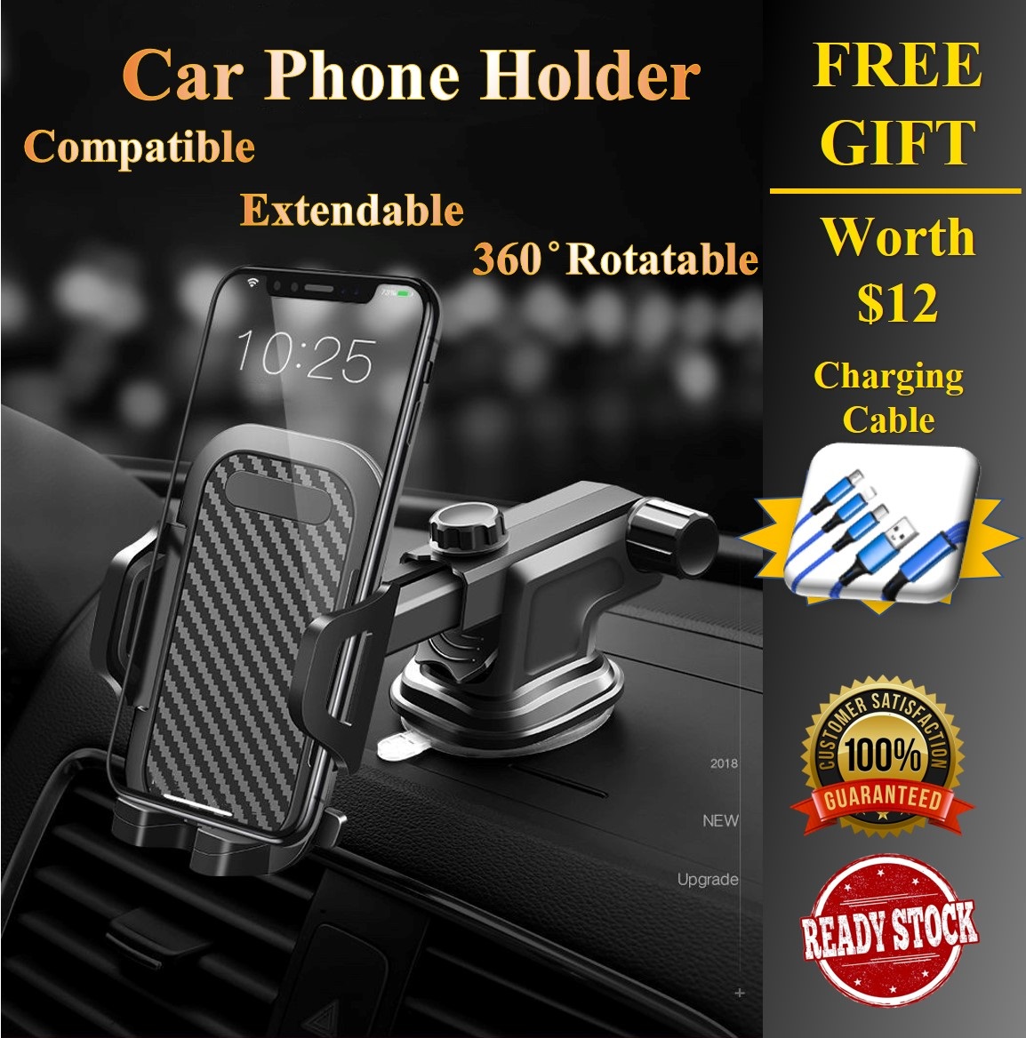 [ Free Gift ] Long Neck Extendable Dash & Aircon Vent Car Phone Holder | Rotational Vehicle Front Dash Phone Mount Compatible with Phone 11/11 Pro/SE/X/XR/XS/8 Plus Galaxy S20 Ultra S10 S10e and More