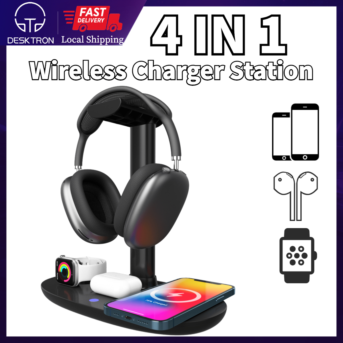 DESKTRON 4-IN-1 Wireless Charging Station. 15W Qi Fast Charging Dock Headset Rack. Headphone Display Rack Compatible for iPhone 13, Airpods iWatch and other phone with wireless charging function. | SG