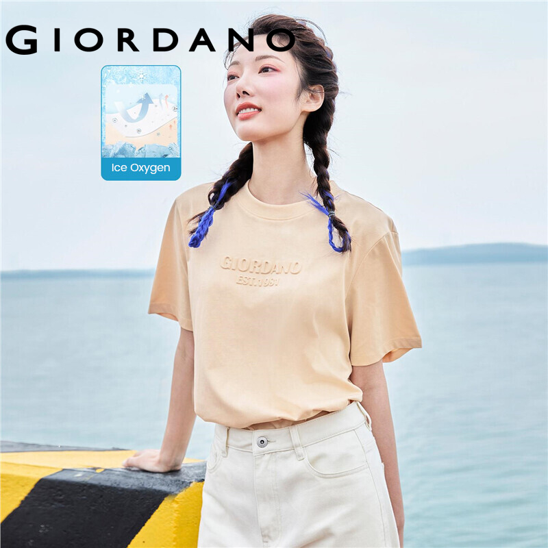 GIORDANO Women T-Shirts High-Tech Ice Oxygen Bar Crewneck Letter Embossed Casual Tee Short Sleeve Summer Basic T-Shirts 05322399