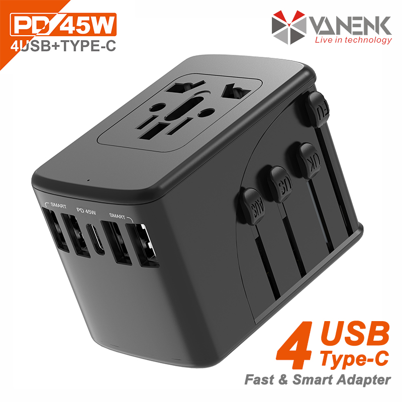 VANENIK 45W PD Type-C Power Universal Travel Adapter with 4 USB 6.5A MAX Fast Charger Wall Plug Top Internationl Adaptor Extension Socket