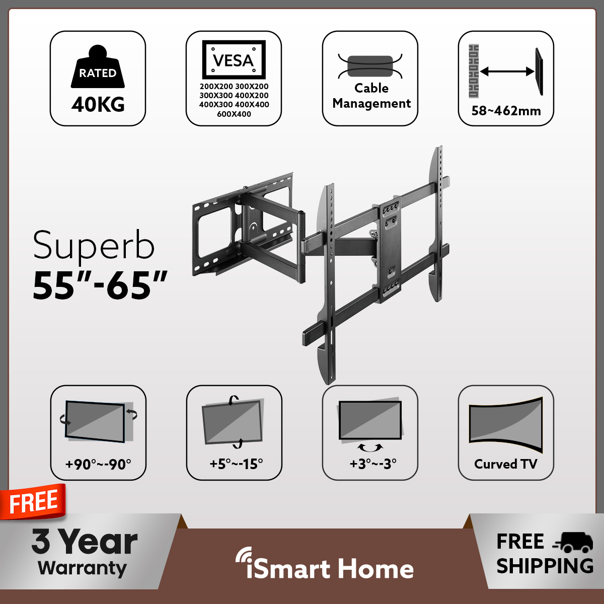 Swivel Wall Mount 55"-65" | SuperB | FREE Delivery & Installation | 40kg