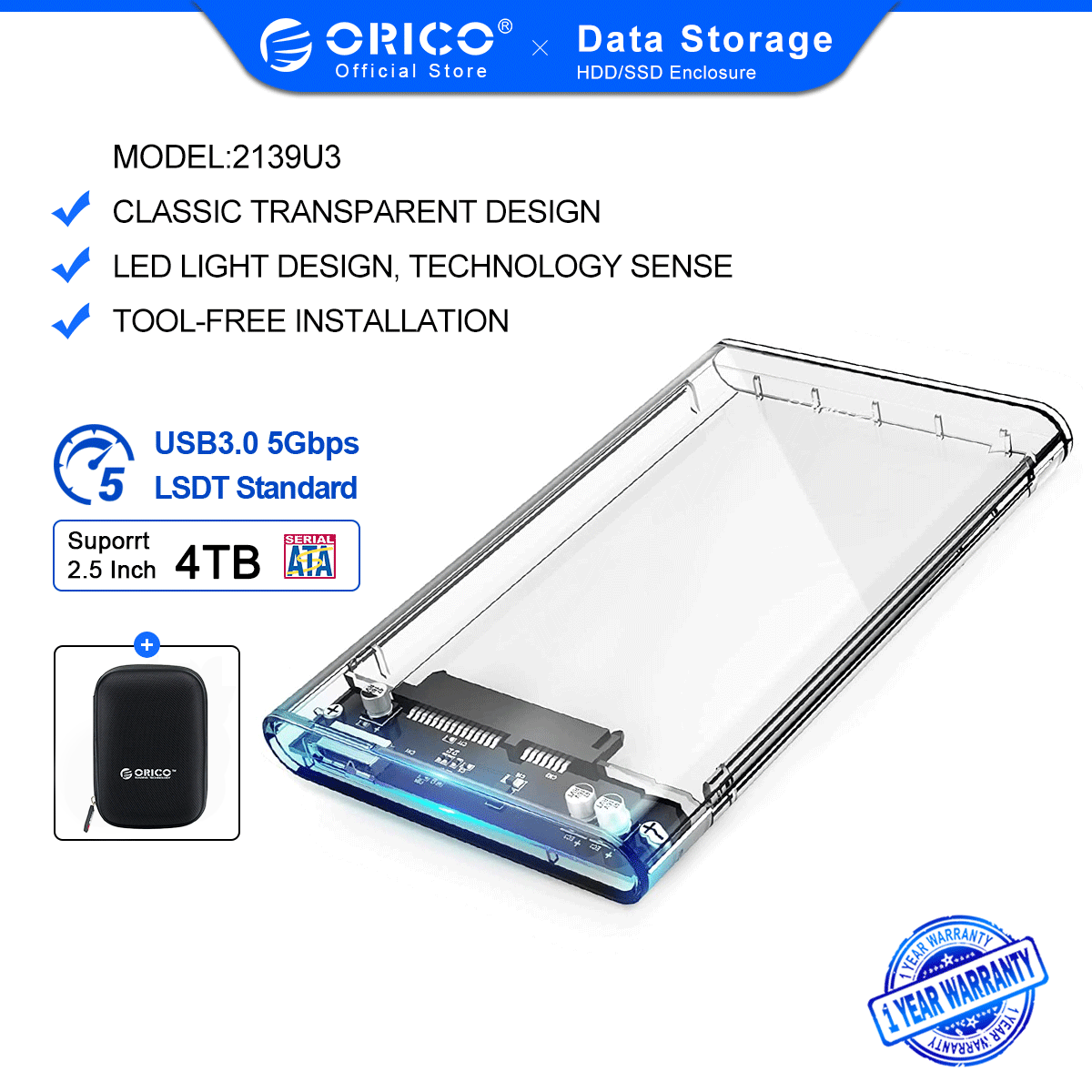 ORICO 2TB Mobile HDD Enclosure Case USB 3.0 to SATA HDD Hard Drive External Enclosure Case without screws For Windows/Mac(2139U3)