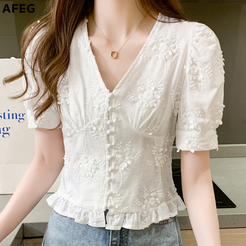 AFEG New retro high waist short V-neck puff sleeve lace shirt blouse for women