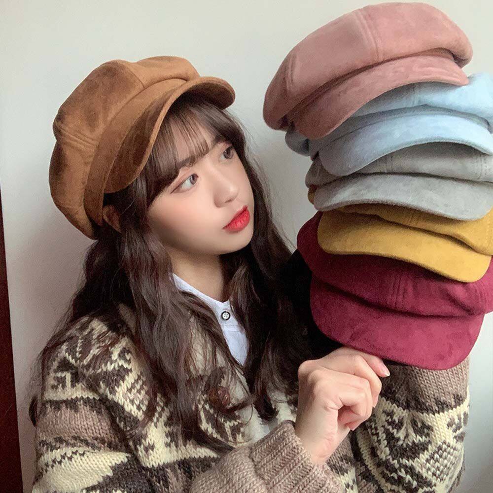 HUIHEYU Berets for women Bucket Hats Retro Sweet Girl Metal Buckle Khaki Coffee Black Red Drawstring Painter Hat Octagonal Cap Korean Style Hat Women Berets Brim Beret Suede Brim