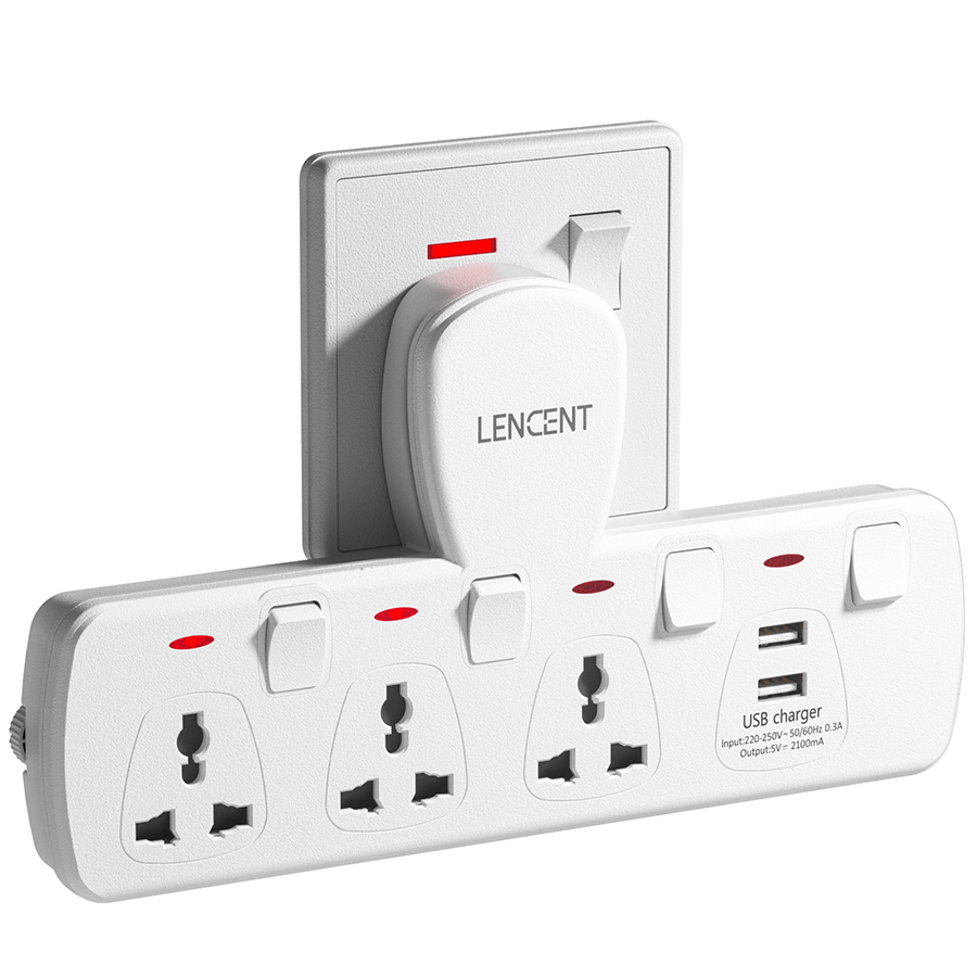 Lencent 5 in 1 Extension Plug USB Wall Plug with Individual Switches, 3 Outlets with 2 USB Ports, Multi Plug Outlet, 5V 2.1A USB Power Plug Adapter, Multiple Socket Charger Extension for Home, Office,
