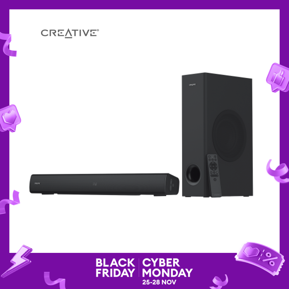 Creative Stage V2 - 2.1 Soundbar with Subwoofer, Clear Dialog and Surround by Sound Blaster, Bluetooth 5.0, TV ARC, Optical, and USB Audio, Wall Mountable, Adjustable Bass and Treble, for TV