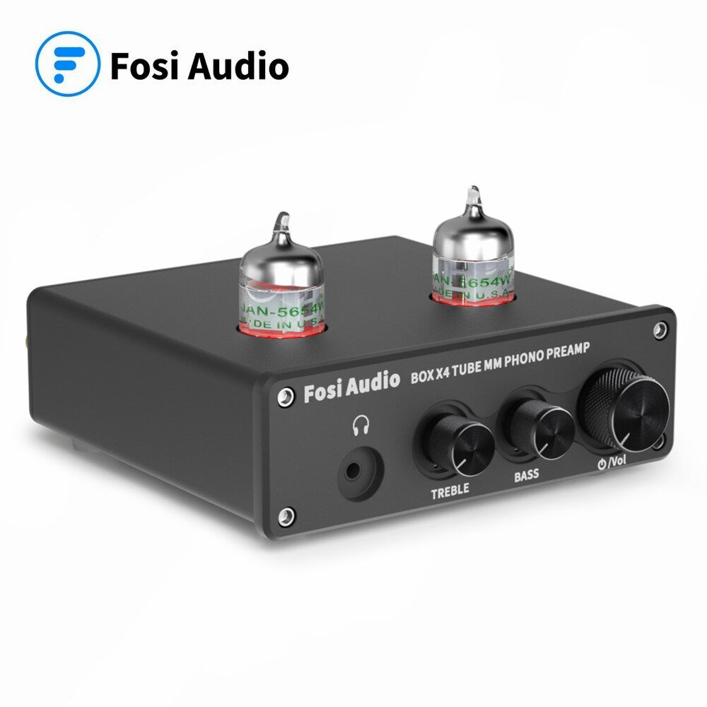 Fosi Audio Phono Preamp for Turntable Phonograph Preamplifier With 5654W Vacuum Tube Amplifier HiFi BOX X4 With 12V Power Supply