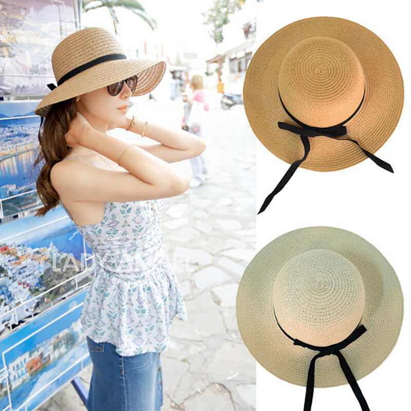 FAITOLAGI Summer Straw Hat Women Wide Brim Beach Sun Hat Foldable Floppy Panama Bow Ribbon Ladies Cap
