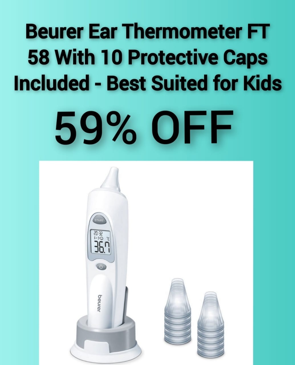 Beurer Ear Thermometer FT 58 with 10 Protective Caps included - Best Suited for Kids
