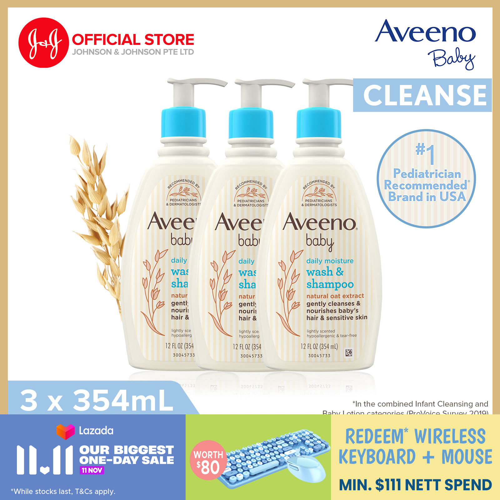 [Bundle of 3] Aveeno Baby Body Wash and Shampoo Daily Moisturizing 354ml
