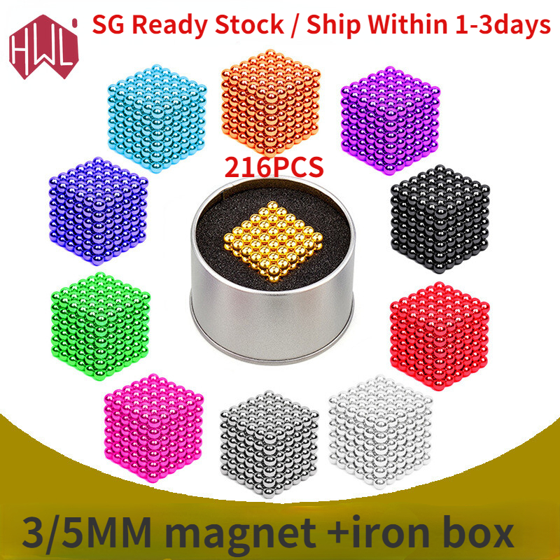 (SG Ready Stock)216PCS 3/5mm 3D DIY Magic Magnet balls Magnetic Building Blocks Balls Spheres Cube Beads Decompression Toys With Iron Box