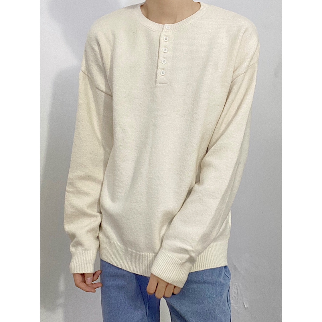Korean Style Loose Design Open Collar Placket Buckle Lazy Sweater Ins Solid Color round Neck Pullover Knitted Sweater Men