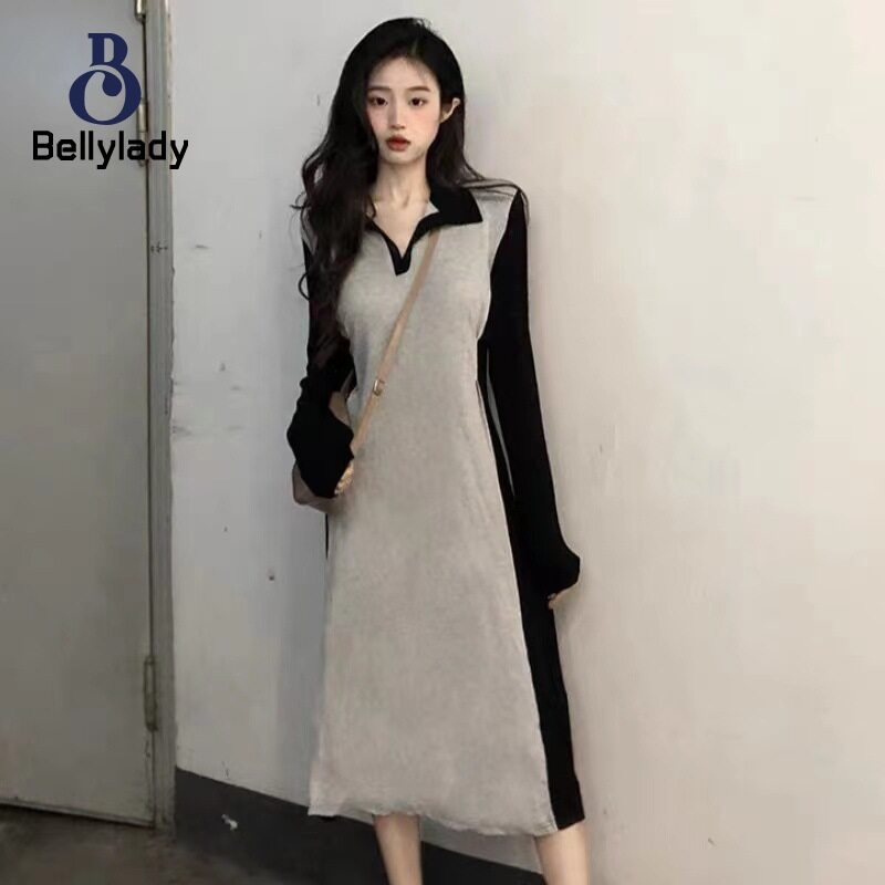 【hot sale】 Women V Neck Dress Trendy Contrast Color Long Sleeves A-line Skirt Casual Elegant High Waist Slimming Dress