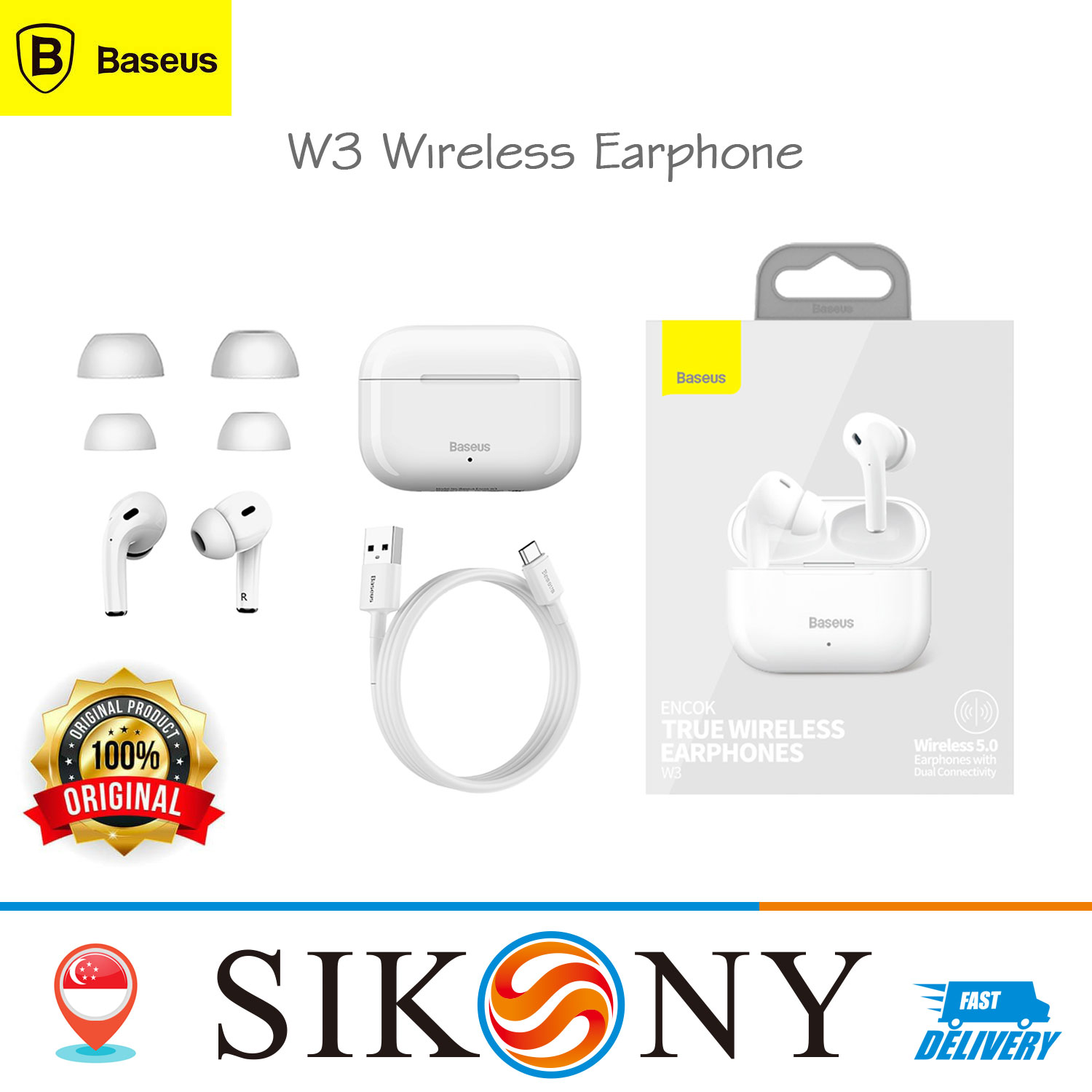 Baseus W3 Bluetooth TWS Earphone headset In Ear Bluetooth 5.0 Earbuds Mini Cordless For iPhone12 11 Pro Max XR HuaWei P40 30 Pro Samsung Xiaomi Realme Vivo 0ppo Android Phone