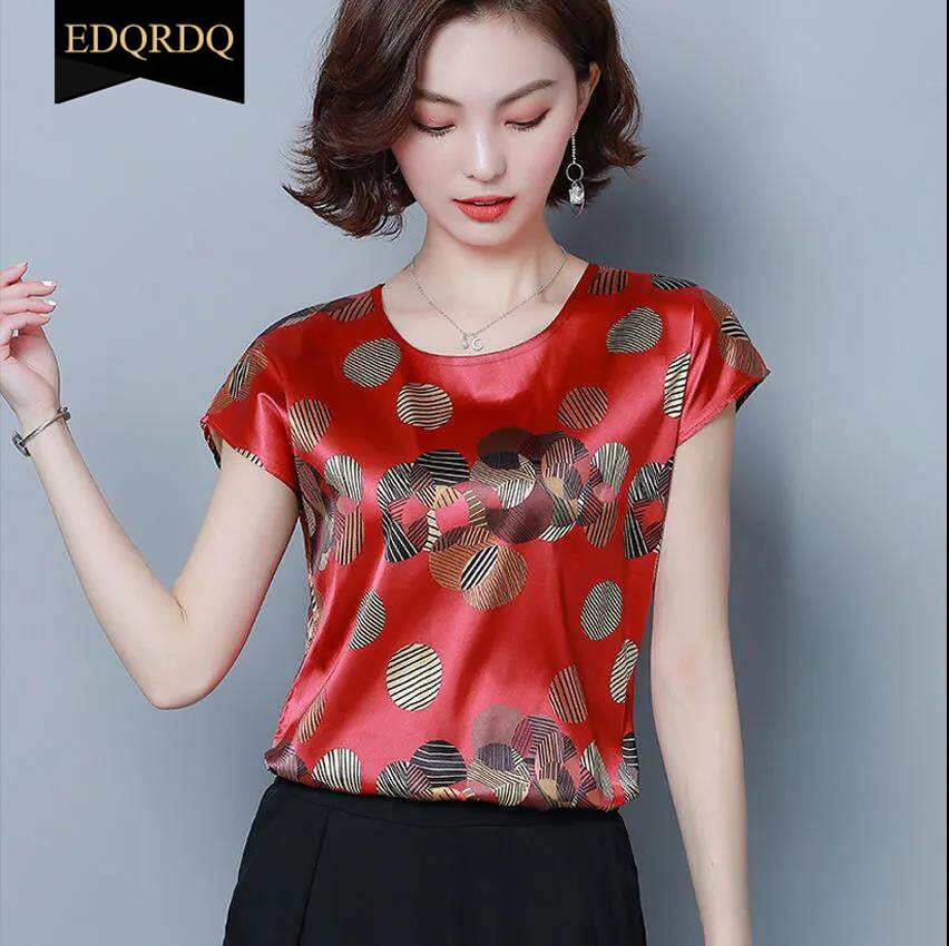 EDQRDQ Women's Casual Printed Short Sleeve Crew Neck Plus Size Satin Top Blouse Loose Silk Tops Shirt