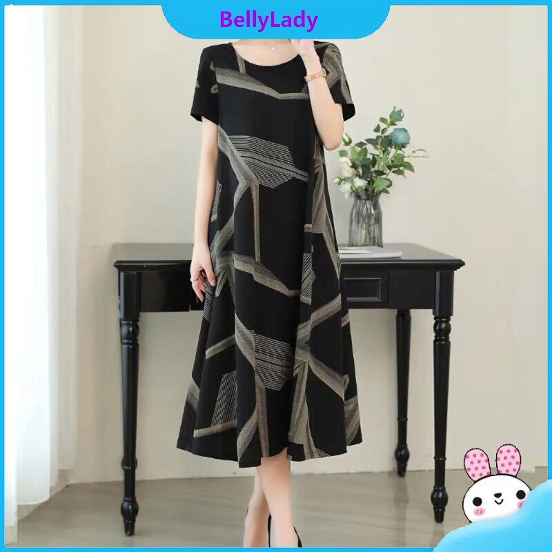 Women Skirt Crew-neck Short-sleeved Abstract Printing Loose Casual A-shaped Midi Dress