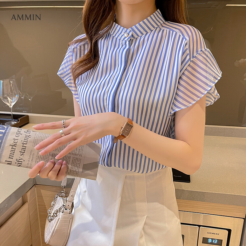 AMMIN Tops 2021 summer style stand-up collar striped ruffled sleeve chiffon shirt women's short-sleeved fine pearl button cardigan elegant blouse