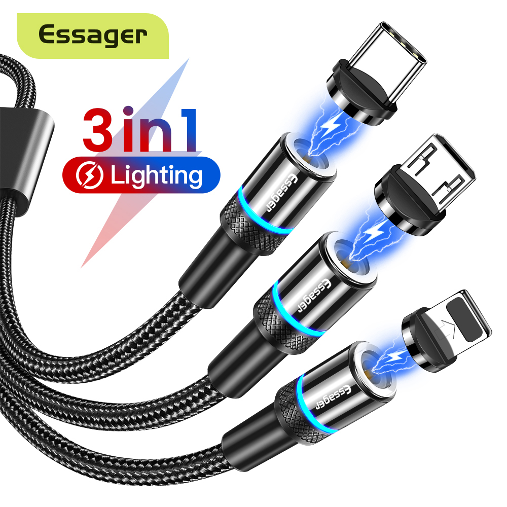 Essager 1.2meter 3 in 1 Magnetic USB Cable Micro USB+Type-C+ Lightning Compatible with iPhone Samsung Mobile Phone Fast Charging Magnet Charger cable