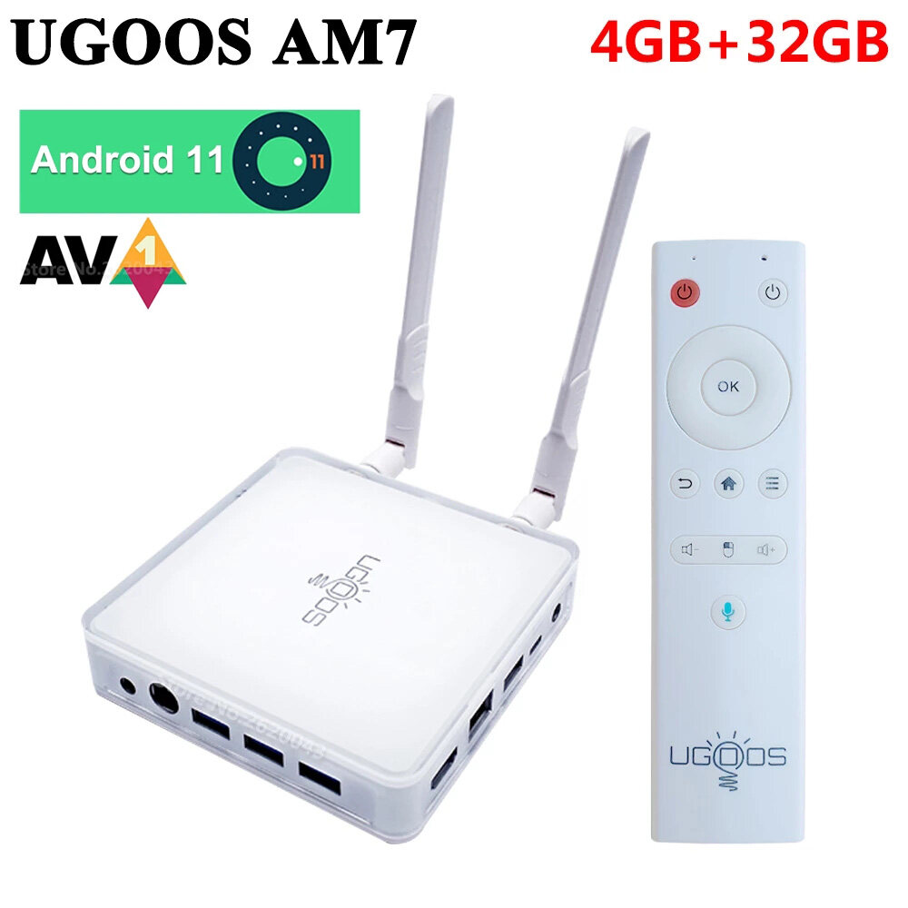 Ugoos AM7 Smart TVBox Android 11 Amlogic S905X4 2.4G 5G WiFi6 4GB DDR4 32GB ROM USB-C 1000M Bluetooth 4K HD TVBOX AV1