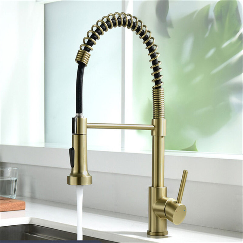 Kitchen sink tap pull out spring faucet 304 stainless steel single cold water faucet deck mounted dual mode water outlet silver kitchen faucet
