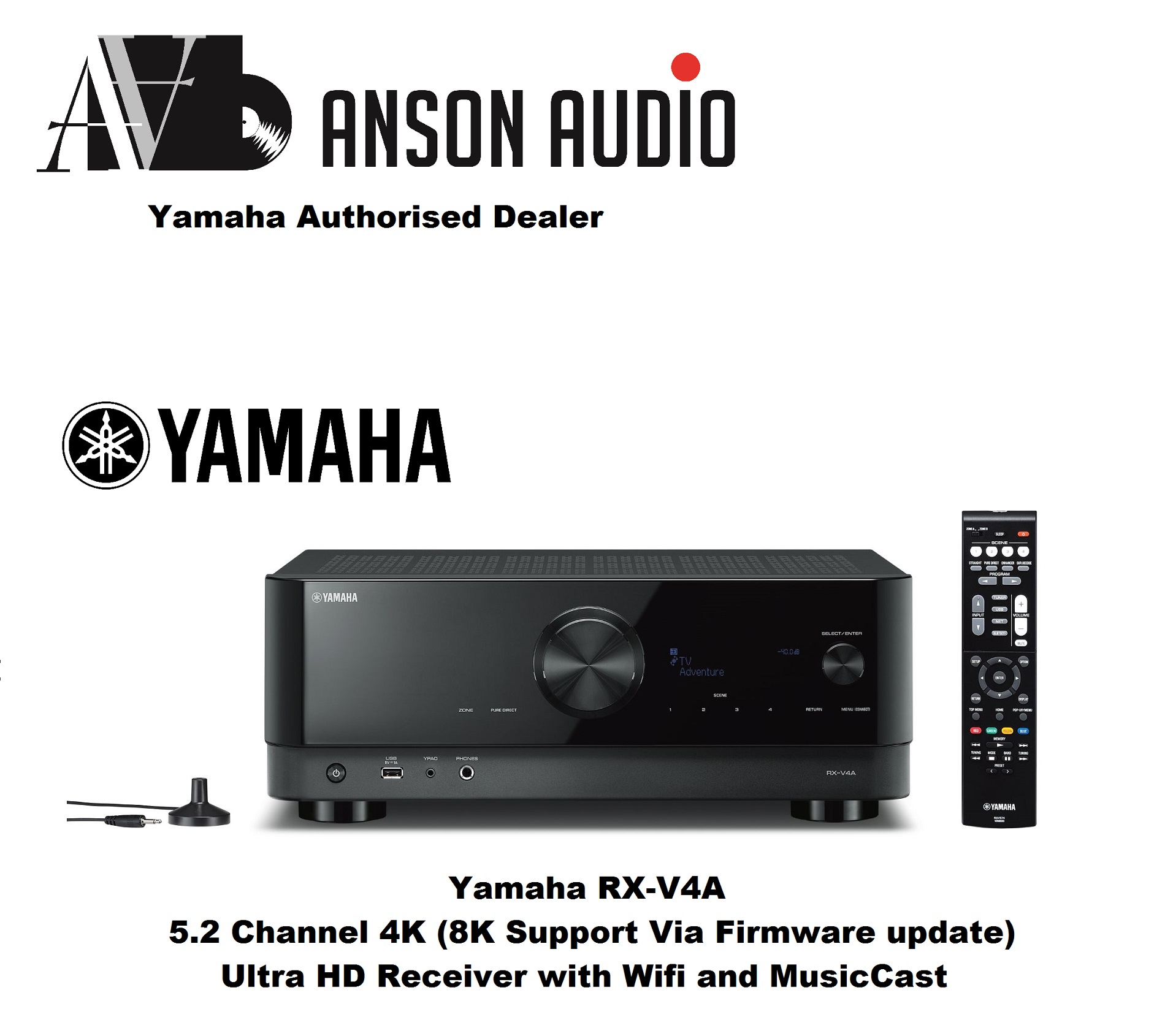 Yamaha RX-V4A 5.2 Channel 4K (8K Support Via Firmware update) Ultra HD Receiver with Wifi and MusicCast