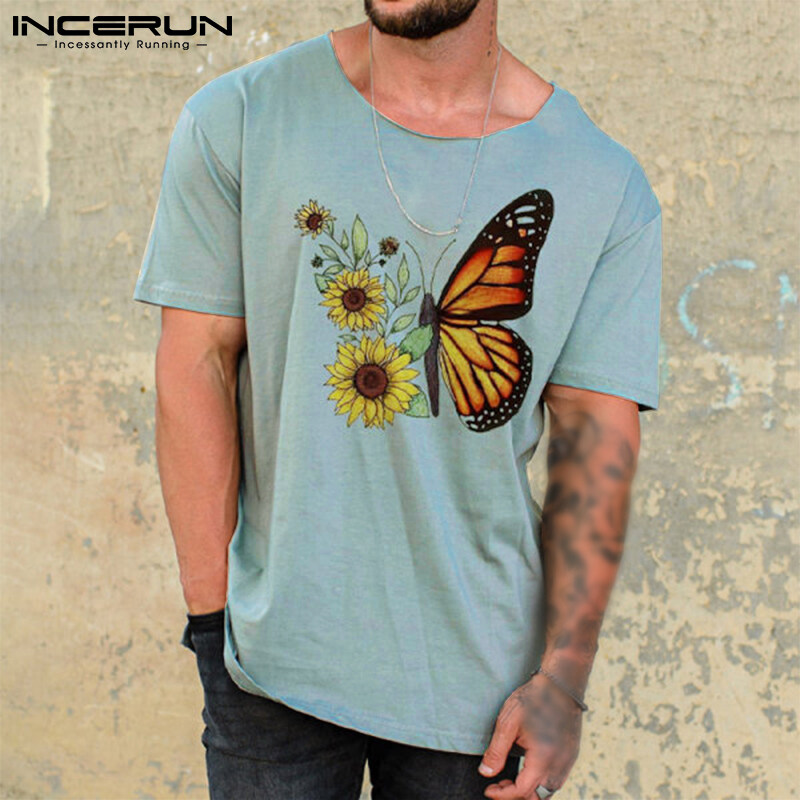 INCERUN Mens Hawaiian Butterfly Printed T Shirts Short Sleeve Crew Neck Casual Tee Tops (Western Style)