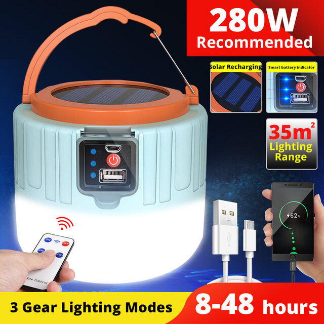 SANX 60W 280W USB Rechargeable Power Display LED Night Market Light Bulb with Remote Control Solar Charge Outdoor Camping Light for Night Market Stalls Camping Hiking