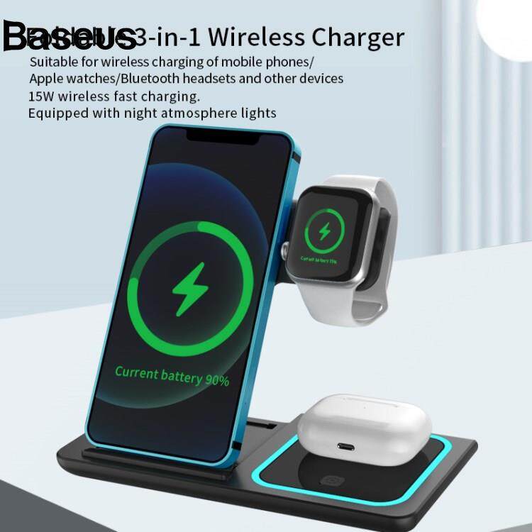 Baseus X455 Foldable 3-in-1 15W Wireless Charger Desktop Qi Fast Charging Stand Dock for iPhone Android iWatch AirPods?24hrs ship out?