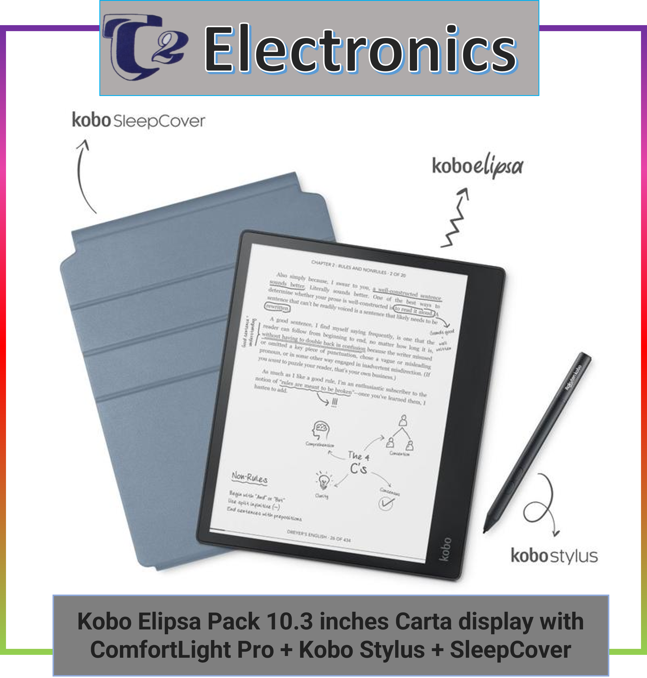 Kobo Elipsa Pack - 10.3 inches Carta display with ComfortLight Pro + Kobo Stylus + SleepCover - T2 Electronics