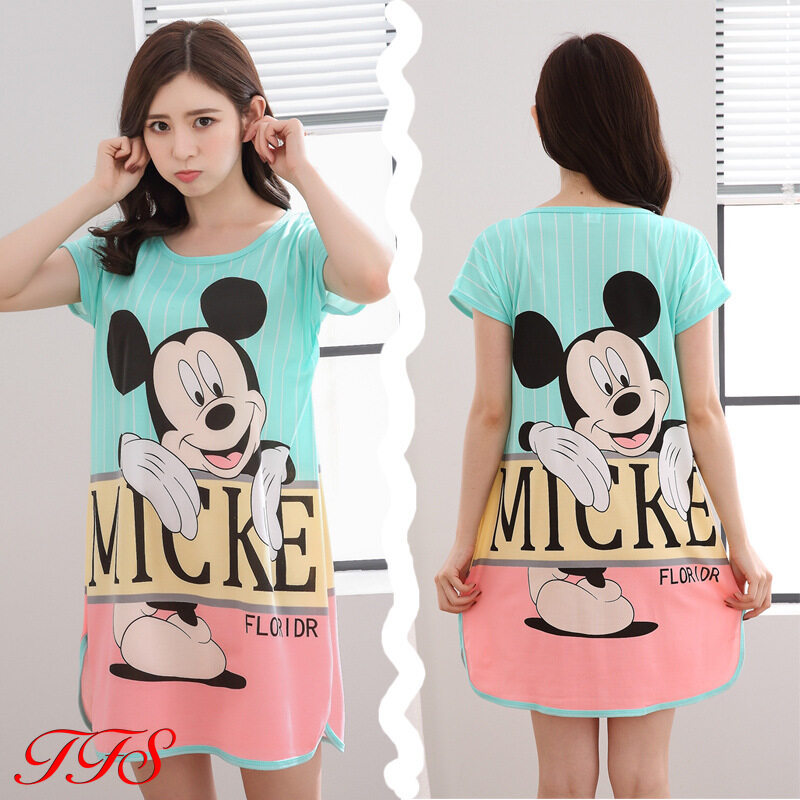 TFS Sleepwear for Women Short Sleeve Sleepwear Women Sleeping Dress Thin Cartoon Silk Pajamas Women
