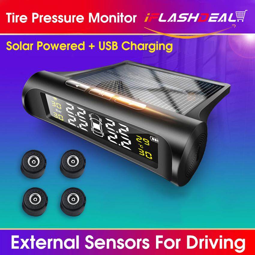 iFlashDeal Tire Pressure Monitoring System Car Tyre Pressure Alarm Solar Power Panel USB Charging TPMS Universal Wireless with 4 External Sensors Real-time LED Display Tire Pressure Temperature Detect