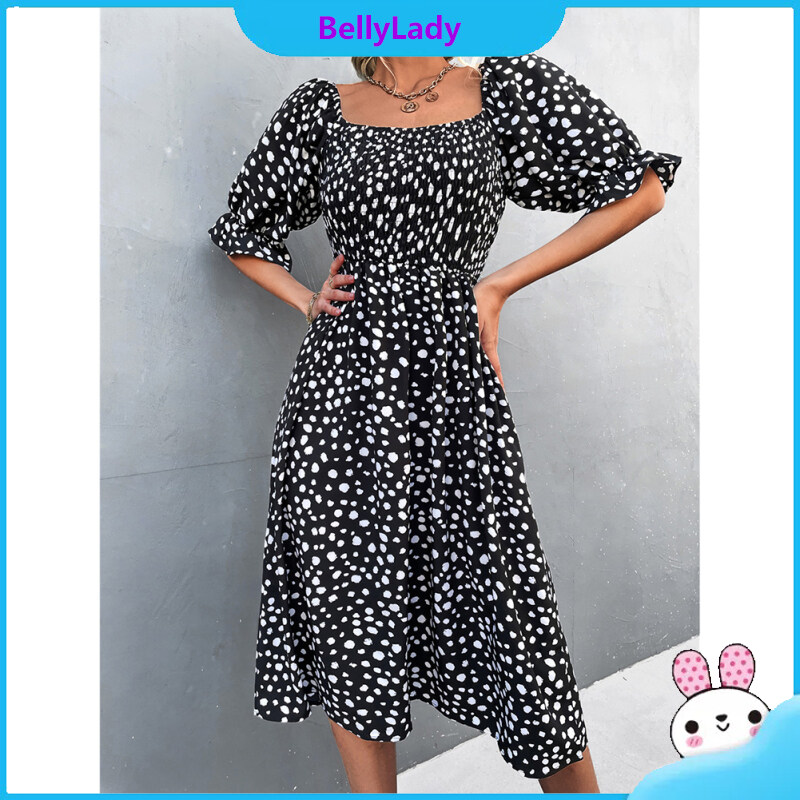 Women Retro Square Collar Dress Polka Dot Printing Puff Sleeve A-line Skirt High Waist Half Sleeves Dress