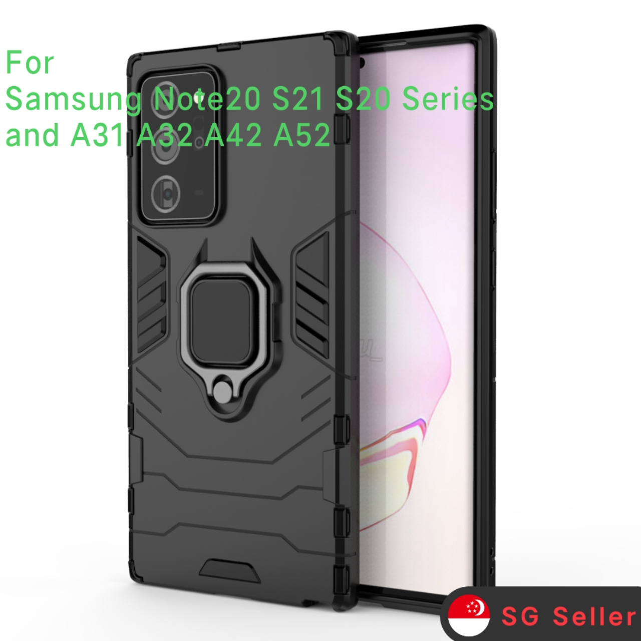 Armor Shockproof phone case with Ring Grip phone holder and Car Magnetic for Samsung S21 S21 Ultra S20 S20 Plus S20 FE and Note 20 note 20 Ultra and A31 A32 A42 A52 Black colour